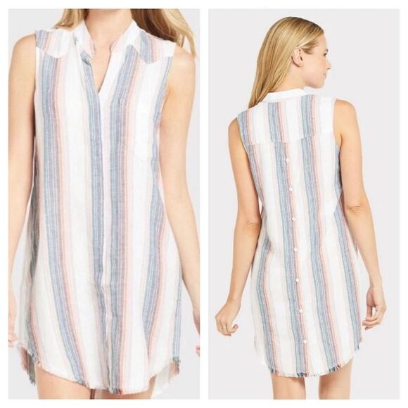 cloth & stone Dresses & Skirts - Cloth & Stone Sunburst Fray Button Down Linen Blend Sleeveless Shirt Dress Sz S